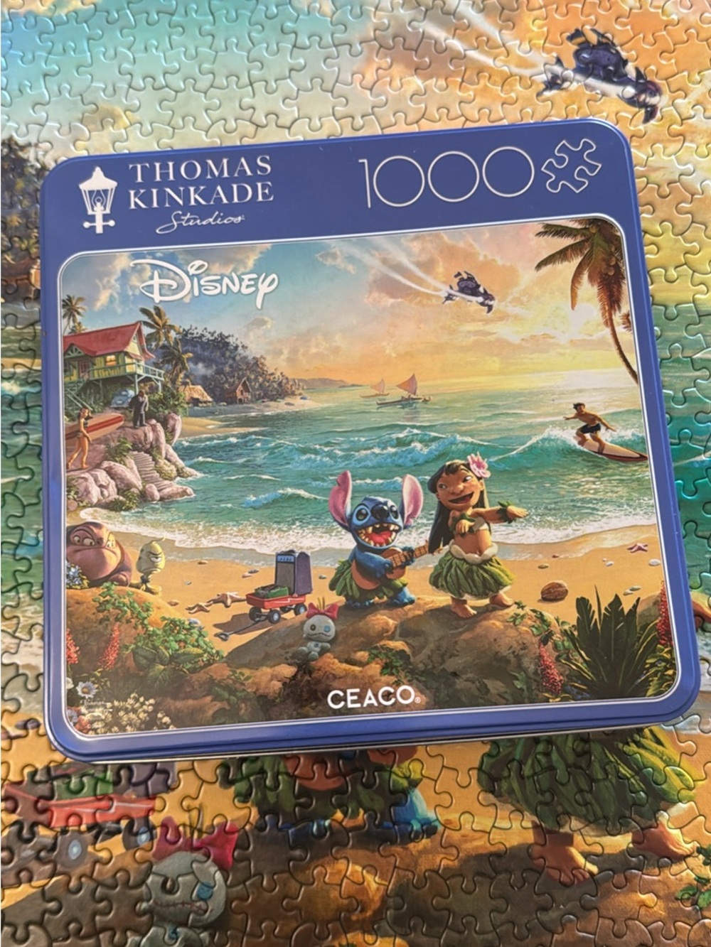 Disney Lilo & Stitch 1000pc Puzzle Thomas Kinkade Ceaco Complete Tin - Picture 2 of 2
